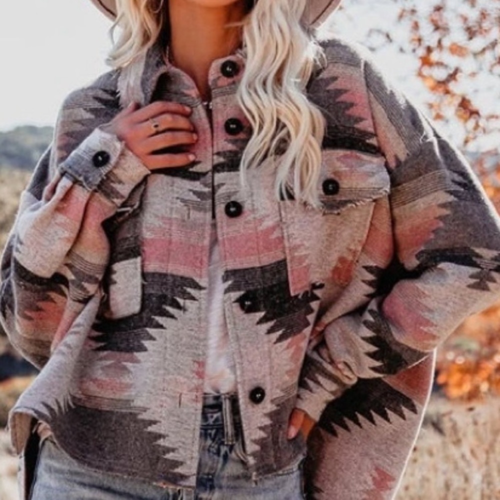 SOLD OUT Eldora Aztec Tribal Distressed Western Shacket - Picture 1 of 10